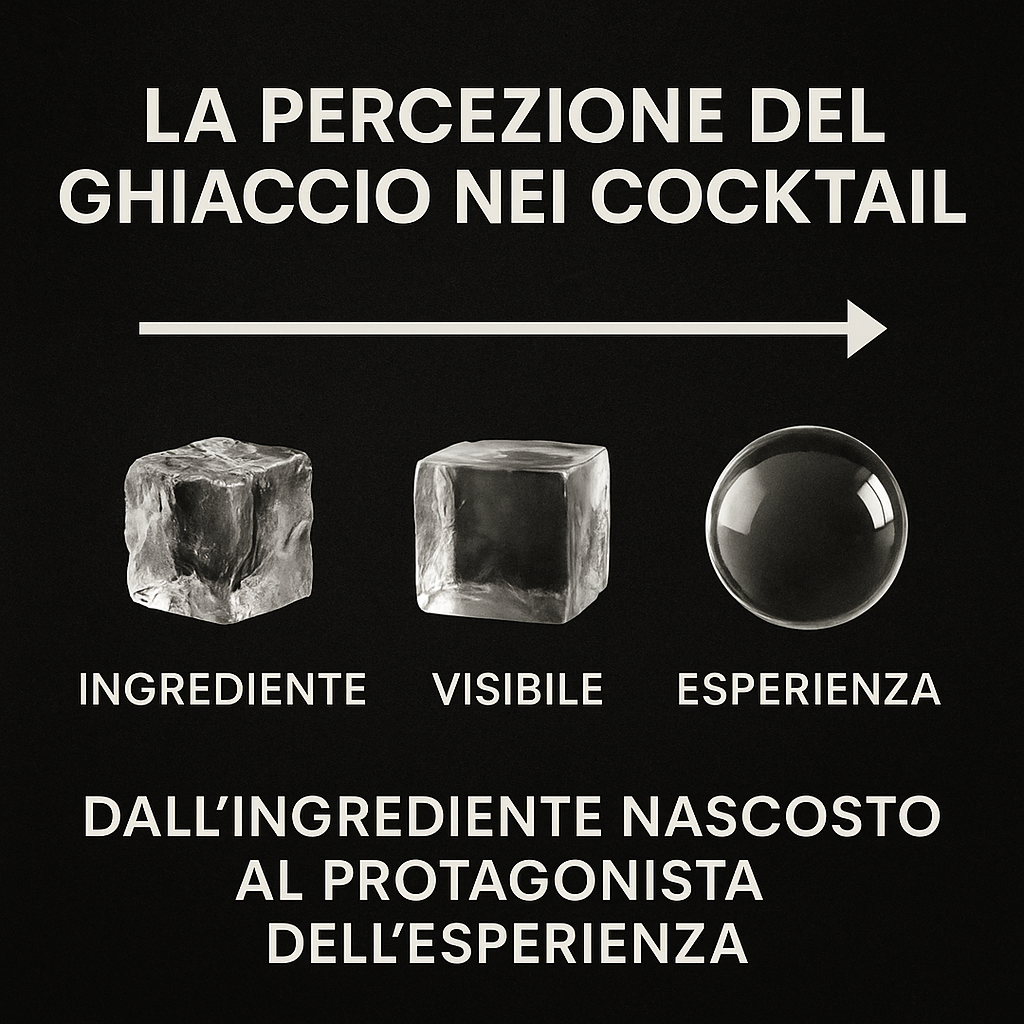 Evoluzione del ghiaccio nei cocktail rappresentata con tre forme: cubo grezzo, cubo trasparente e sfera cristallina, a simboleggiare il passaggio da ingrediente nascosto a protagonista dell’esperienza.