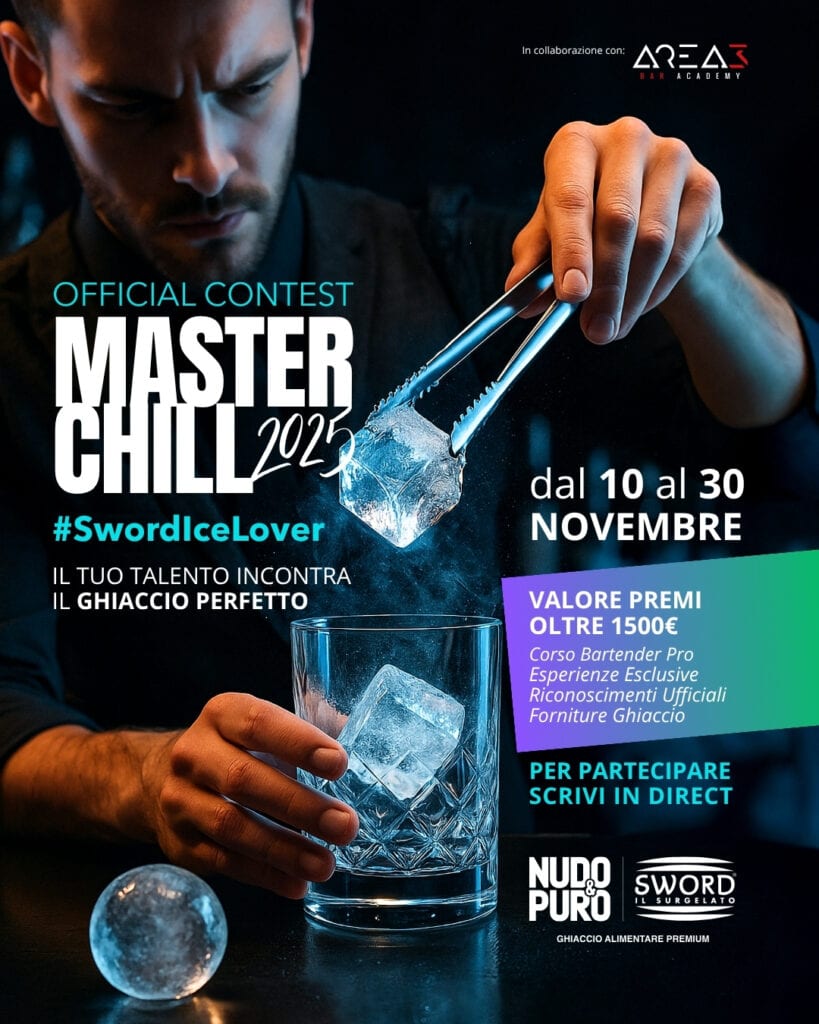 Contest bartender Sword Ice Master Chill 2025 – preparazione cocktail con ghiaccio professionale.